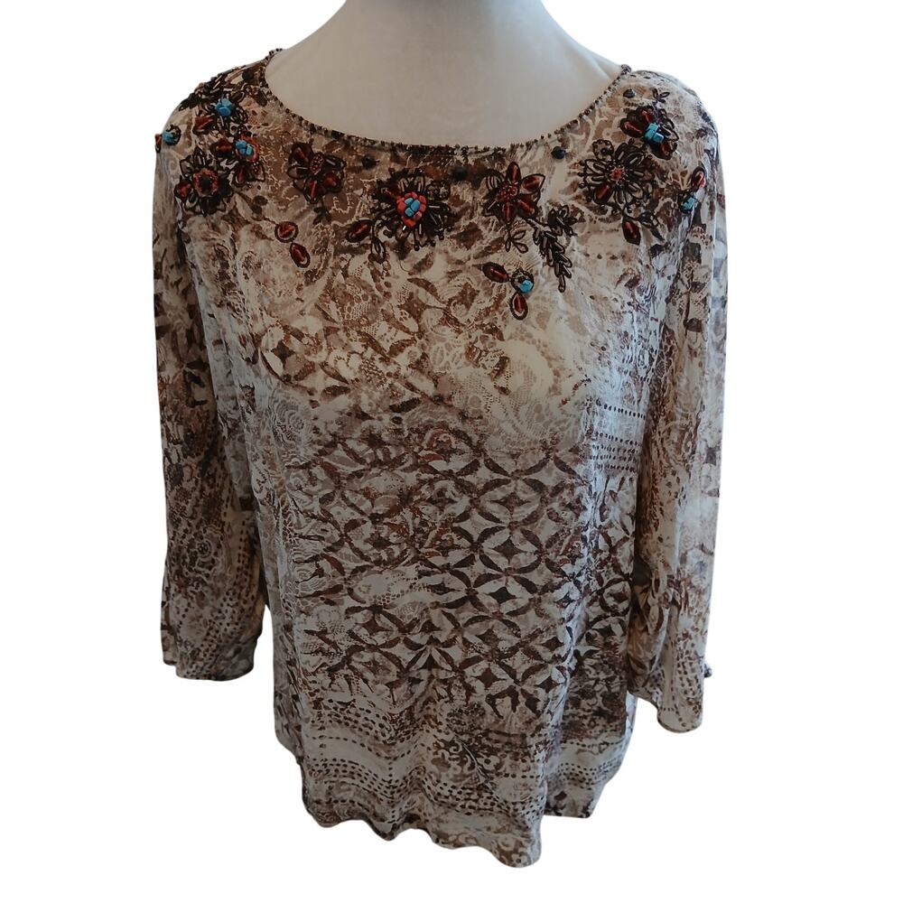 Chicos sheer silk beaded pribt blouse size 3/ xl